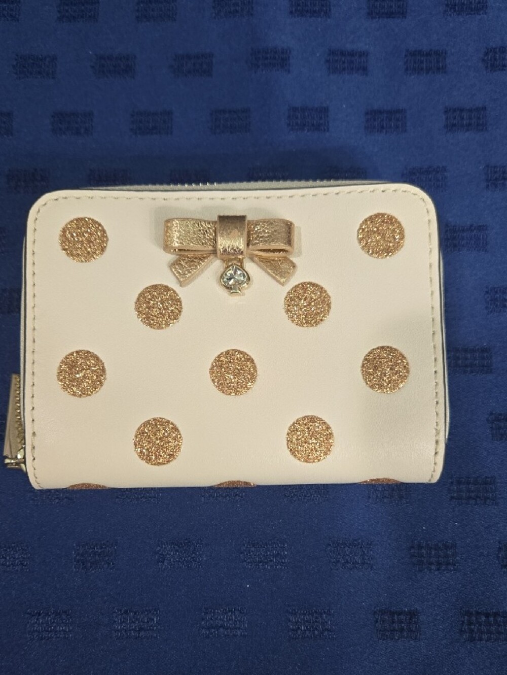 kate spade Cream Zip-Around Wallet with Gold Glitter Polka Dots and Bow Accent - Picture 9 of 9